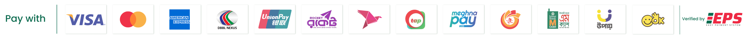 Payment methods: Visa, Mastercard, American Express, DBBL, CellFin, Rocket, Nagad, bKash and EPS